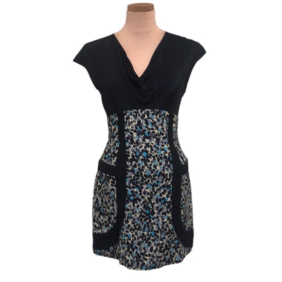 Anthropologie Frock Tracy Reese Dress Size 2 Black Tan Gray Blue Dot Print - Picture 1 of 10